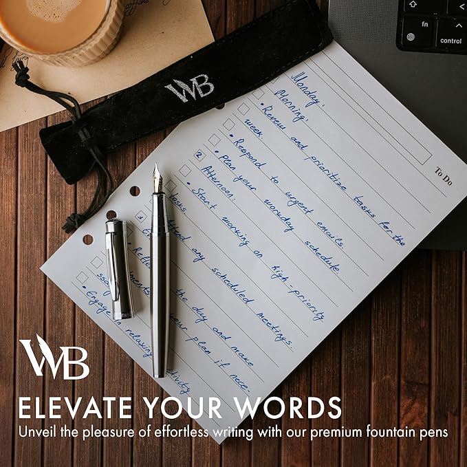 Wordsworth & Black Fountain Pen Set, Extra Fine Nib, Includes 24 Pack Ink Cartridges, Ink Refill Converter & Gift Pouch, Chrome Finish, Calligraphy, [Silver Chrome], Perfect for Men & Women