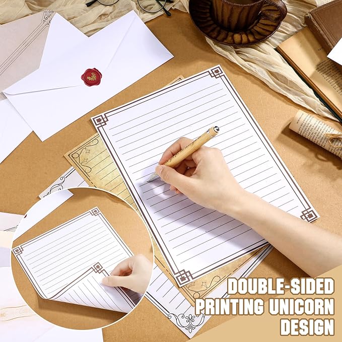 TaoBary 160 Pcs Stationery Paper Set 50 Double Sided Stationery Papers with 50 Matching Envelopes and 60 Round Dot Sticker, 10 Design(Retro,8.5 x 11 Inch)