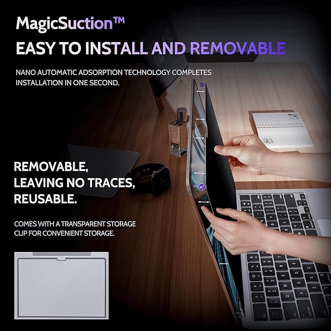 Peslv Privacy Screen for MacBook Air 13.6/13 Inch (2022-2025, M2, M3, M4) - A2681, A3113, A3240 MagicSuction™ Removable Anti Spy Black Protector, Glare Blue Light Filter for Mac Laptop Computer
