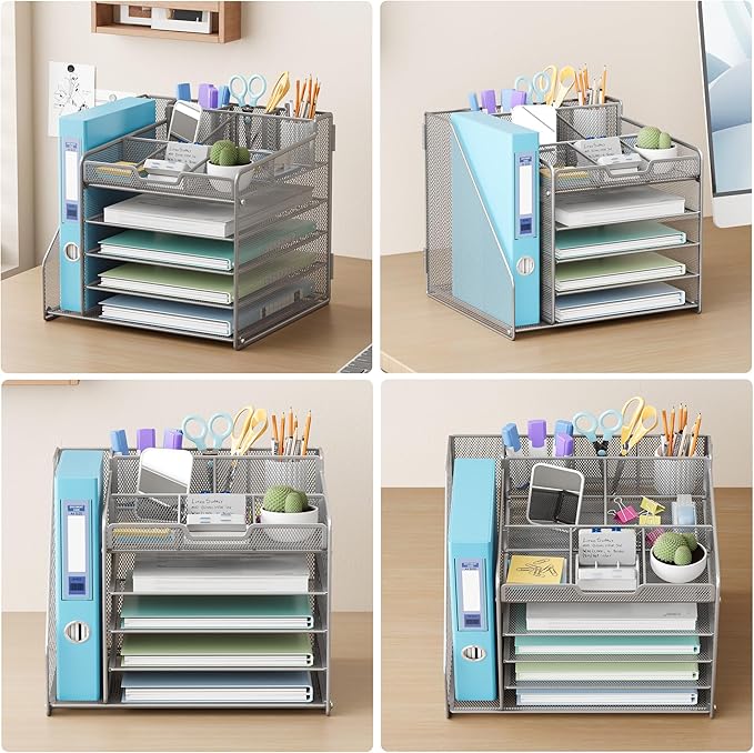 Lavatino 5-Tier Metal Mesh Desk Organizer with File Holder & 7 Customizable Compartments | Paper Letter Tray for Office or Home Desk Storage | Keep Workspace Supplies Neat & Organized, Silver