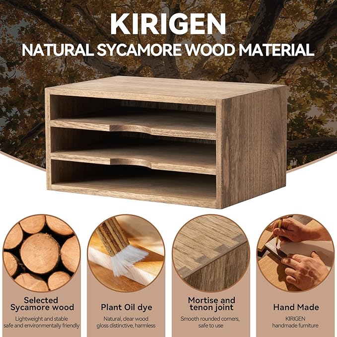 KIRIGEN Wooden Desktop Organizer Paper Storage Letter Tray File Sorter - Desk Rack Magazine File Dividers Holders for Home Office Accessories with 3 Layer Trays Dark Brown (3KWJG-DBR)