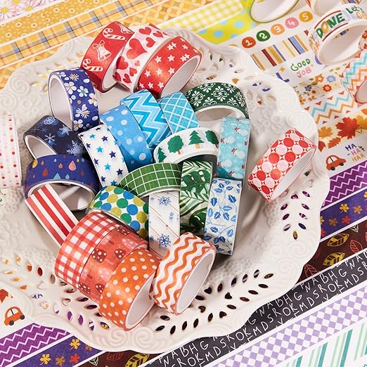 emmoolife 50 Rolls Washi Tape Set, 15mm Wide Rainbow Colored Tape Aesthetic Design Masking Decorative Tape for Scrapbooking Supplies, Bullet Journaling, Junk Journal, Wrapping Planners, DIY Arts Craft