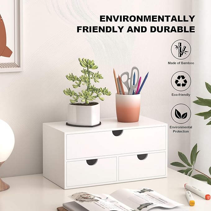Bamboo Desk Organizer with Drawers Desktop Storage Drawers for Bills Office Supplies Kitchen Utensils Organizing Tool for Home Classroom Organization No Assembly (White)
