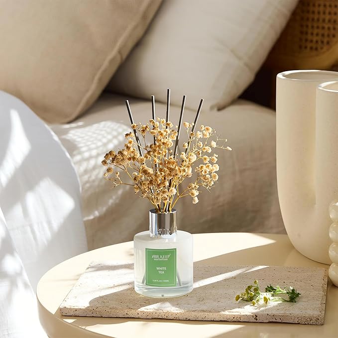 Airkeep Reed Diffuser Set,3.38 fl oz (100 ml) - White Tea Oil Diffusers with 8 Reed Sticks, Home Fragrance Reed Diffuser for Bathroom Shelf Decor