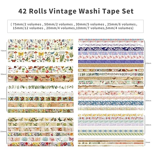 42 Rolls Vintage Washi Tape Set, Floral Letter Butterfly Mushroom Botanical Flower Writable Decorative Tapes for Scrapbooking , Junk Journal Supplies, Bullet Journaling 5-75mm Wide 9.84ft long/Roll