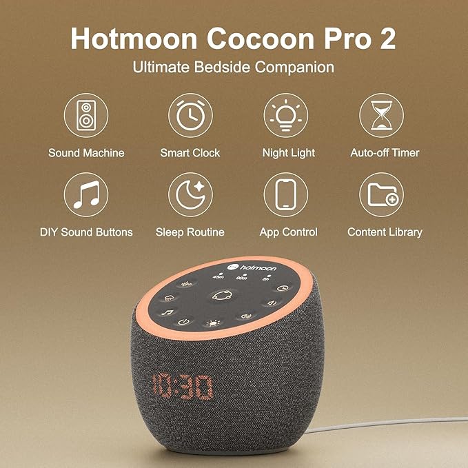 Hotmoon Sound Machine, Cocoon Pro 2 White Noise Machine for Sleeping Adults, 388 Non Looping Sounds & Sleep Timer, Smart App Control Night Light, Nature Sound Pink Green Brown Noise Maker, Plug in