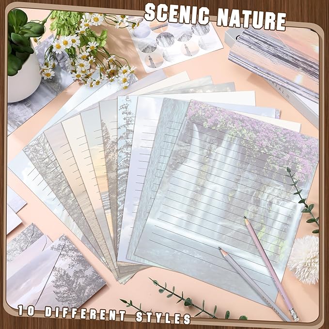 TaoBary 160 Pcs Stationery Paper Set 50 Double Sided Stationery Papers with 50 Matching Envelopes and 60 Round Dot Sticker, 10 Design(Natural Scenery,8.5 x 11 Inch)