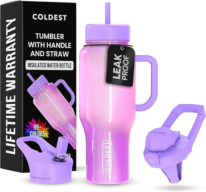Coldest Tumbler with Handle and Straw, 100% Leak Proof Insulated Tumbler with Lid and Straw (3 Lids), Stainless Steel Tumblers for Women & Men, Cup Holder Friendly, 36 oz (Popsicle Dream)
