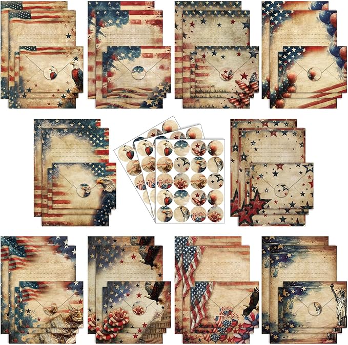 TaoBary 160 Pcs Stationery Paper Set 50 Double Sided Stationery Papers with 50 Matching Envelopes and 60 Round Dot Sticker, 10 Design(Retro Independence Day,5.5 x 8.25 Inch)