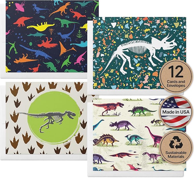 Twigs Paper - Assorted Dinosaur Greeting Cards - Stationery Cards with Envelopes - Thank You Card - Blank Note Cards - Greeting Cards for All Occasions - Made in USA (5.5 x 4.25, Set of 12)