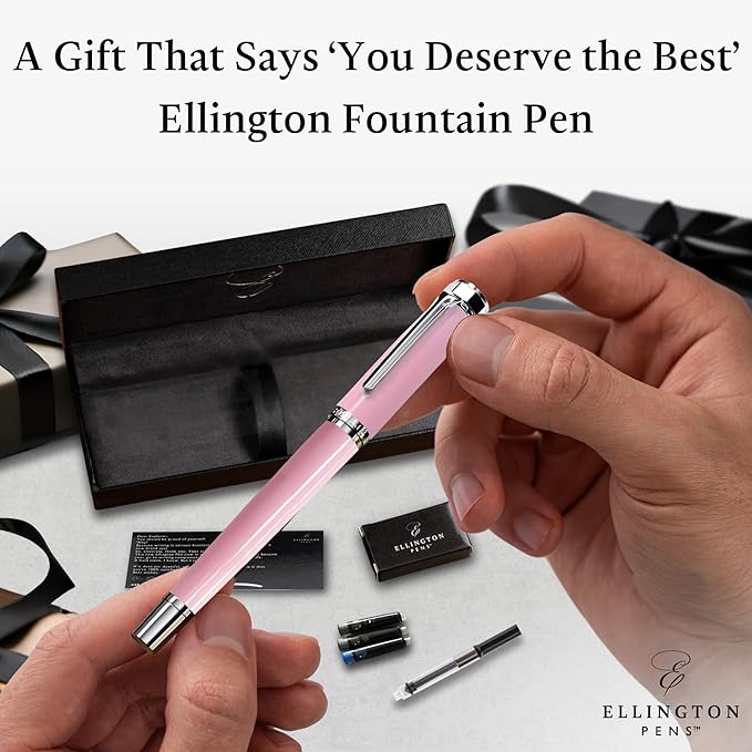 Ellington Pens Luxury Fountain Pen Set - Smooth Medium Nib - Includes 3 Ink Cartridges, Refillable Ink Converter, Gift Box - Fountain Pens For Writing, Calligraphy, Journaling, Sketching (Rosy Flair)