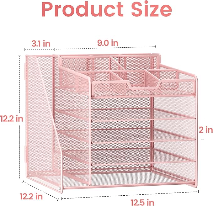 Lavatino Desk Organizer, 5-Tier Metal Mesh Paper Letter Tray with File Holder & 7 Flexible Dividers for Office or Home Desk Organizers and Accessories, Keep Workspace Supplies Neat & Organized, Pink
