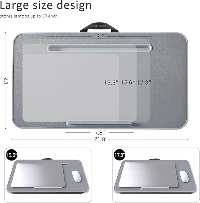 Lap Desk, Lap Desk with Cushion, Fits up to 17 inch Laptop, Pillow Designed, Portable Laptop Stand with Tray, Pad & Phone Holder, Home Office for Bed/Couch/Car/Reading/Writing, MillHome (Gray)