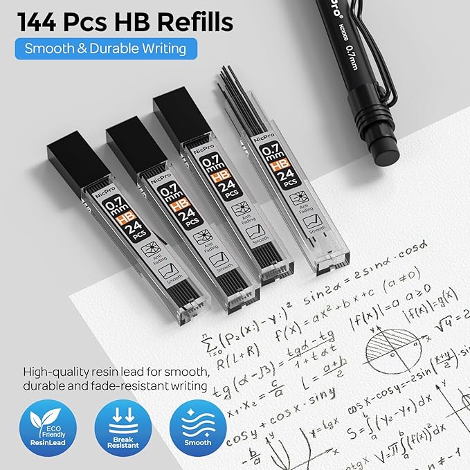 Nicpro 0.7 mm Mechanical Pencil Set with Case, 3PCS HD1000 Mechanical Pencils 0.7 With 6 Tube HB Lead Refills, Eraser, Weatherproof Barrel for Outdoor Writing Drafting Drawing Sketching
