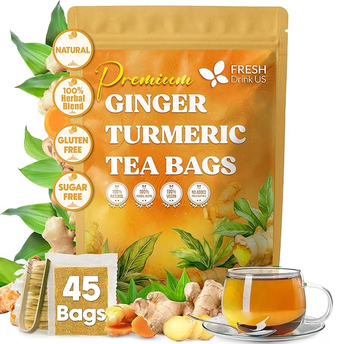 FreshDrinkUS, Premium 45 Ginger Turmeric Tea Bags, 100% Natural Ingredients, Hand-made Blend of Ginger and Turmeric Herbal Tea, Eco-conscious Tea Bags. No Sugar, No Caffeine, No Gluten, Vegan.