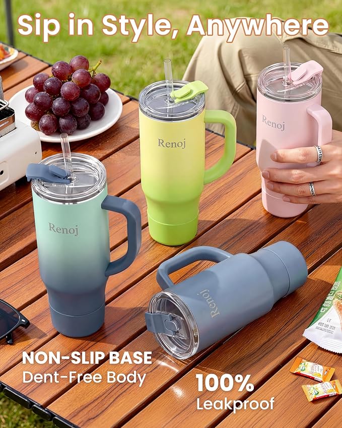 Renoj Tumbler with Handle 100% Leak Proof Insulated Water Bottle for Iced Coffee & Hot Drinks - Fits Car Cup Holder, Ideal Gift, 2 Straws & Silicone Boot BPA-Free - SnapShift Green Gradient 32 oz