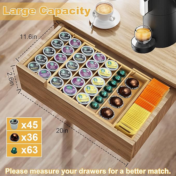 MinBoo Bamboo K Cup Holder for Drawer or Countertop Coffee Pod Holder Expandable K Cup Pod Storage Tea bag organizer K Cup Storage for Coffee Station Home Office and Kitchen