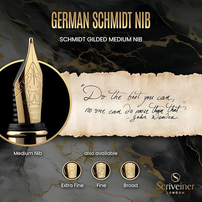 Scriveiner Personalized Black Fountain Pen - Stunning Luxury Pen, Jet Black Lacquer, Real Gold Plating, German Schmidt Nib (Medium), Best Engraved Gift Set for Men & Women, Name Engraving