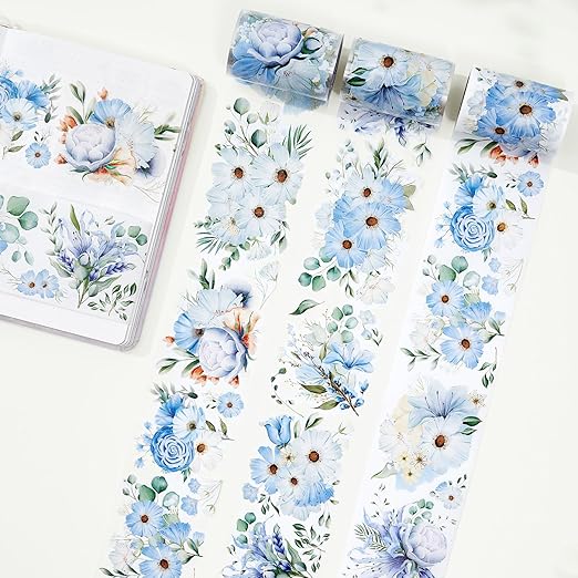 WT Serene Wide PET Tape, Single Roll, Original Designs, Watercolor Blue Flower Decorative Tape, Transparent Clear Adhesive Tape, Journal Scrapbook Bujo Planner DIY Craft Supplies