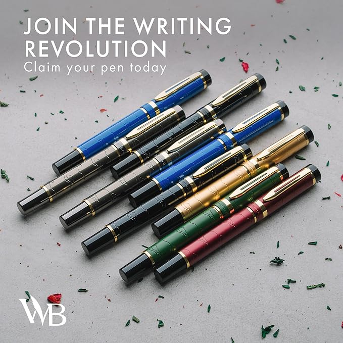 Wordsworth & Black Primori Fountain Pen Set - Blue Gold, Medium Nib, Gift Case, 24 Ink Cartridges, Refill Converter, Manual, Smooth Writing, Left & Right Handed