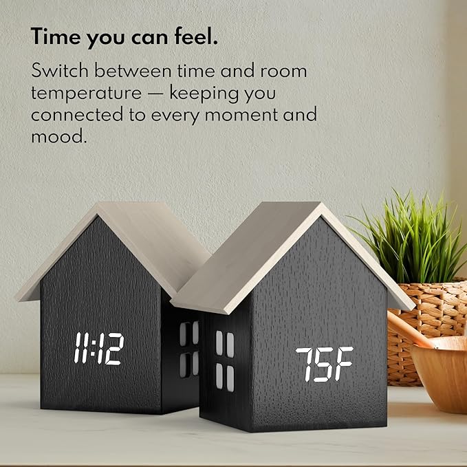 Driini Digital House Shaped Alarm Clock with Temperature Display (Dark Wood) – Modern Aesthetic with Cute Cube Frame and White LED Dimmer - Perfect Small Desk Clock for Bedside Table or Bedroom Mantle