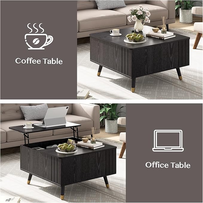 JOINICE 32" Square Lift Top Coffee Table with Storage, Modern Black Center Table for Living Room, Minimalist Wood Cocktail Table with Rising Desktop, Home Office