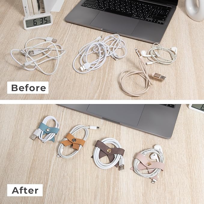 SenseAGE 5 Pack Cord Organizer, Bow Cord Keeper, Cable Organizer USB Holder, Leather Cable Management, Cable Straps, Earphone Winder, Storage Straps for Electronics, Earbuds (Dusty Rose, Big)