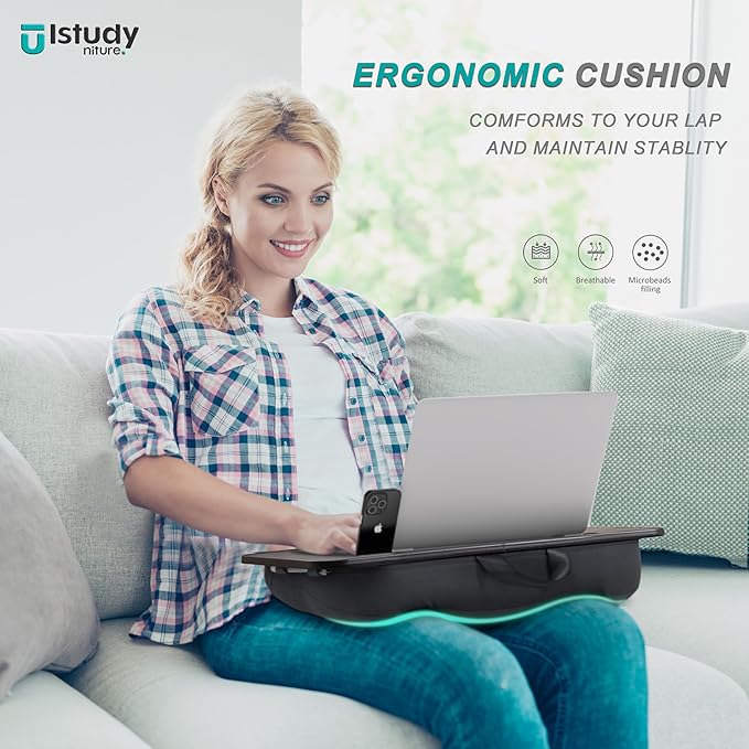 Istudyniture Lap Desk | Portable Laptop Desk & Stand – Fits Up to 15.6 inch – Washable Cushion, Built-in Phone Holder – for Bed, Couch, Sofa, Floor – Writing, Reading, Home Office – Small, Black