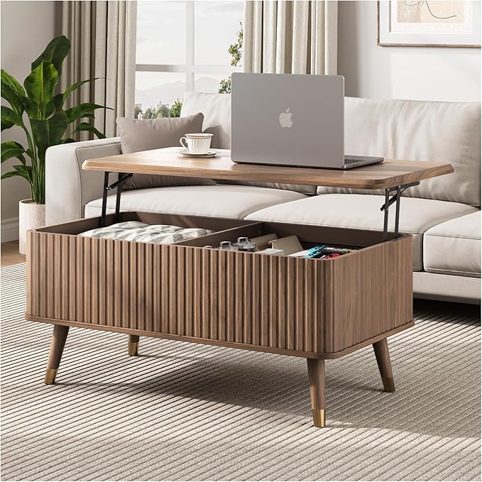 JOINICE Lift Top Coffee Table with Storage, Mid Century Modern Fluted Wood Design,Pop-Up Walnut Center Table with Hidden Compartment for Living Room & Home Office Work/Dining