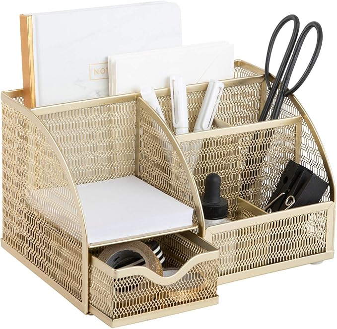 BLU MONACO | Gold Desk Organizer with Drawer | Metal Desktop Caddy with Six Compartments for Office Supplies | Stylish Desk Organizers and Accessories for Home or Office