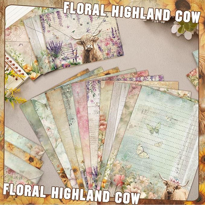 TaoBary 160 Pcs Stationery Paper Set 50 Double Sided Stationery Papers with 50 Matching Envelopes and 60 Round Dot Sticker, 10 Design(Floral Highland Cow,5.5 x 8.25 Inch)