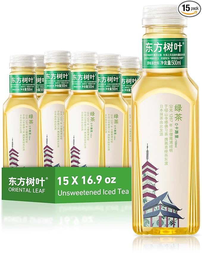 ORIENTAL LEAF Unsweetened Iced Tea – Bottled Green Tea, 16.9 FL oz bottles (Pack of 15), Brewed Tea Drinks, Sugar Free, 0 Calories