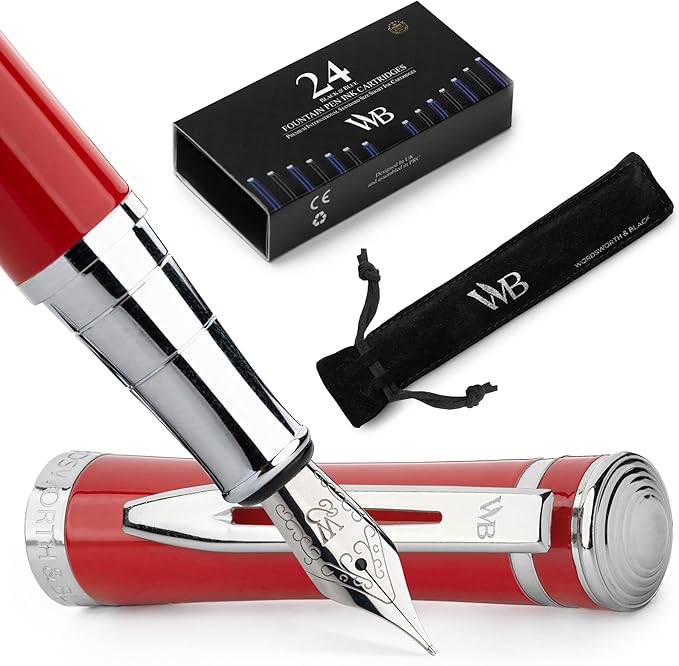 Wordsworth & Black Fountain Pen Set, Medium Nib, Includes 24 Pack Ink Cartridges, Ink Refill Converter & Gift Pouch, Chrome Finish, Calligraphy, [Crimson Red], Perfect for Men & Women