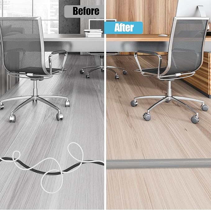 Floor Cord Cover Cavity 0.8"x0.37" Self Adhesive Cord Hider, 10FT Low Profile Cable Management, Extension Strip Protector for Wires, Prevent Cable Trips for Offices, Gyms, Exhibitions (Gray Wood)