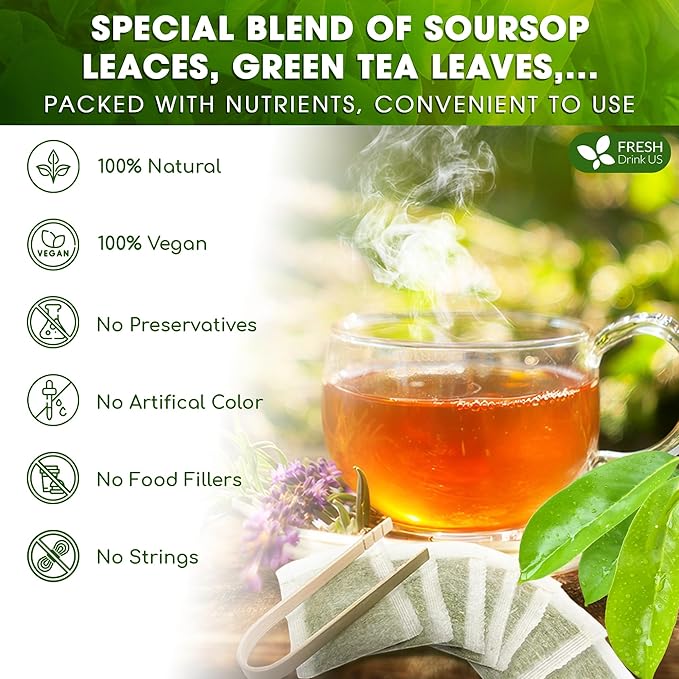 FreshDrinkUS, Premium 75 Tea Bags Soursop Green Tea, 100% Natural & Proprietary Blend from Soursop Leaves and Green Tea. Smooth Flavor. Made with Eco-Conscious Tea Bags. No Additives No Sugar, Vegan.