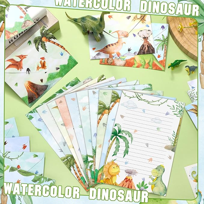 TaoBary 160 Pcs Stationery Paper Set 50 Double Sided Stationery Papers with 50 Matching Envelopes and 60 Round Dot Sticker, 10 Design(Watercolor Dinosaur,8.25 x5.5 Inch)
