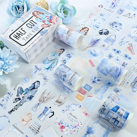 Snycler Pre-Cut Blue Mood Themed PET Washi Tapes - Vintage Aesthetic Tape Stickers for Journaling, Scrapbooking, Junk Journals, Crafts, Planners - 4 Rolls