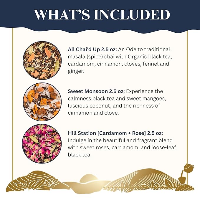 The Chai Box Top Selling Loose Leaf Tea Gift Set - Featured in Oprah's Favorite Things | 3-Flavor Caffeinated Chai Tea Gift Box with Stainless Steel Steeper (3 Pack) | Small Batch Loose Leaf Tea with Whole, Premium Spices