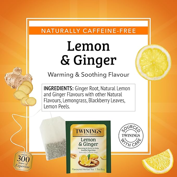Twinings Lemon & Ginger Herbal Tea Individually Wrapped Bags, 25 Count (Pack of 6), Spicy Ginger, Lemon Peel, & Lemongrass, Naturally Caffeine-Free, Enjoy Hot or Iced, 150 Teabags