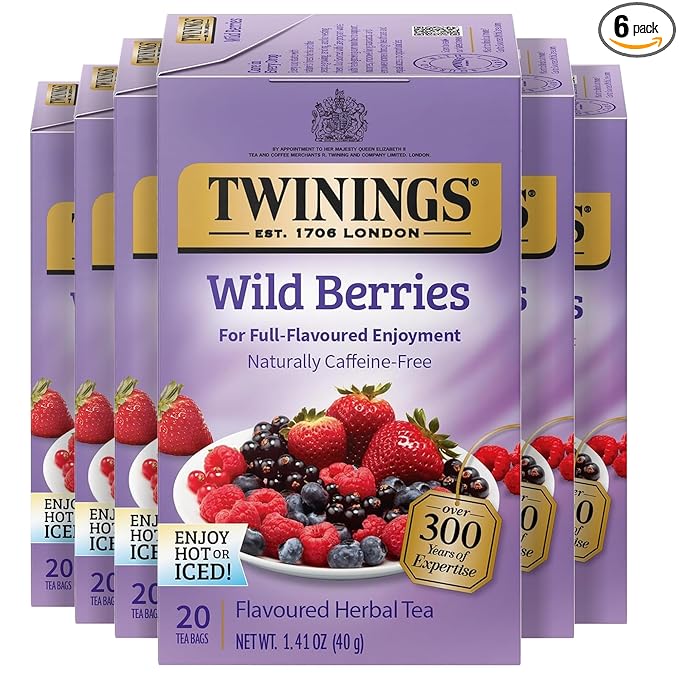 Twinings Wild Berries Herbal Tea Individually Wrapped Bags, 20 Count (Pack of 6), Full-Flavoured, Naturally Caffeine-Free, Enjoy Hot or Iced, 120 Teabags