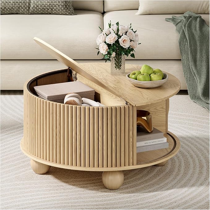 JOINICE Round Coffee Table with Storage, 31.5" Natural Oak Fluted Drum Center Table, Scandi Japandi Wood Circle Table with Sliding Door & Bun Feet for Living Room