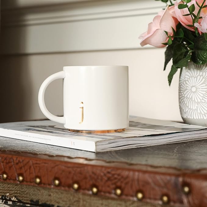 COLLECTIVE HOME - Monogram Ceramic Mugs, 15 oz Golden Initial Coffee Cups, Elegant Alphabet Tea Mugs, Elegant Personalized Mug with Gift Box, Luxurious Cups for Office and Home (j)