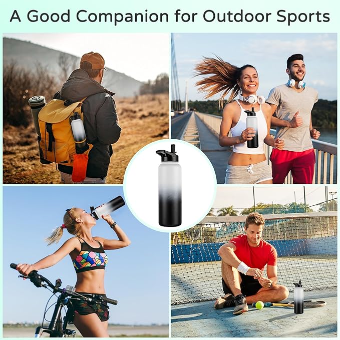 DOMICARE 40 oz Insulated Water Bottle Bulk, Vacuum Insulated Stainless Steel Sports Water Bottle with Straw Lid & Spout Lid, Leakproof, Reusable - Travel, Camping, Bike, Black White Gradient (4 Pack)