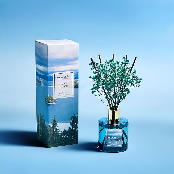 COCORRÍNA Reed Diffuser - Lake Tahoe 6.7 Fl.oz Reed Diffuser Set with 8 Sticks & Preserved Baby's Breath, Reed Diffuser for Home Bathroom Shelf Decor