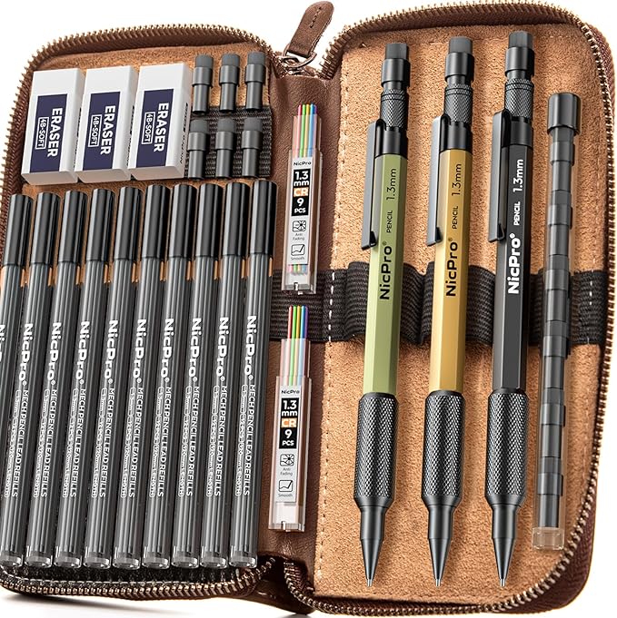 Nicpro 21PCS 1.3 mm Mechanical Pencil Set in Leather Bag with 138 Lead Refill Black & Colors, Erasers- Weatherproof Metal Heavy Duty Carpenter Pencil for Outdoor Drafting Marking Drawing Woodworking