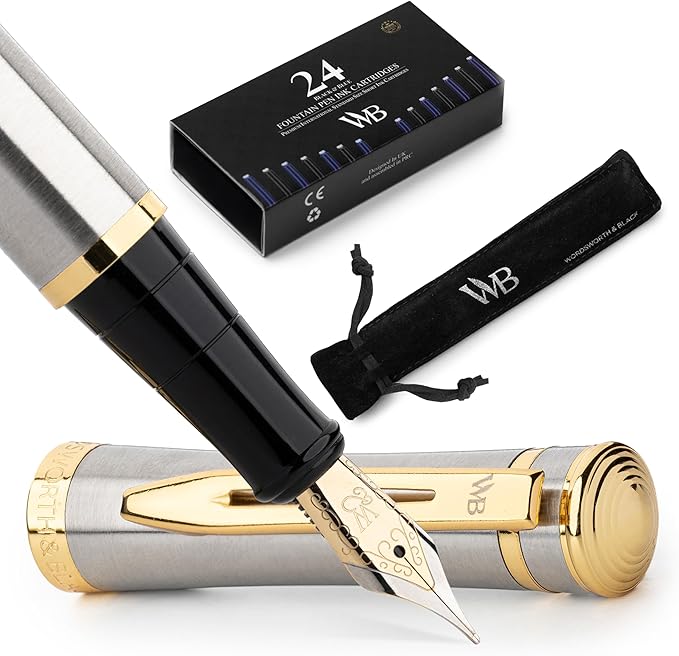 Wordsworth & Black Fountain Pen Set, 18K Gilded Medium Nib, Includes 24 Pack Ink Cartridges, Ink Refill Converter & Gift Pouch, Gold Finish, Calligraphy, [Silver Gold], Perfect for Men & Women