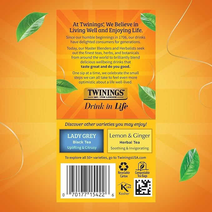 Twinings Earl Grey Black Tea Individually Wrapped Bags, 20 Count (Pack of 1), Flavoured with Citrus and Bergamot, Caffeinated, Enjoy Hot or Iced, 20 Teabags