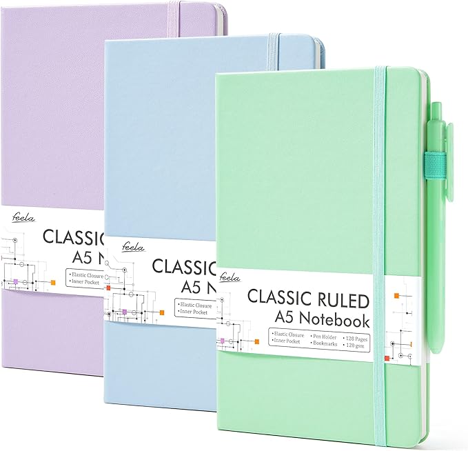 feela 3 Pack Hardcover Notebook For Women, Classic Ruled Lined Journal Set School Business Supplies, with 3 Black Pens, 120 GSM, 5.1”x8.3”, A5, Pastel Colors, Light Blue, Light Purple, Light Green