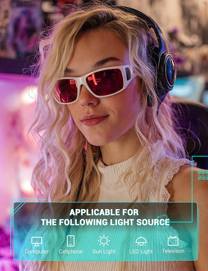 TIJN Sonia Sleep Glasses for Blue & Green Light Blocking,Red Lens with Dual AR Coating,Wraparound Frame for Gaming Screen