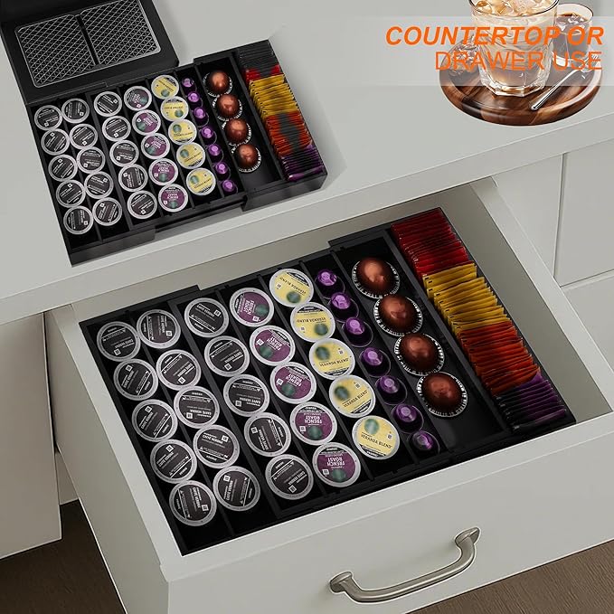 MinBoo Bamboo Drawer Organizer - Expandable K Cup & Pods Holder, Coffee Pod Storage, Tea Organizer, Versatile Kitchen Accessory Organization and Storage，Black